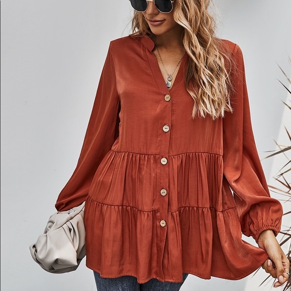 🍁🆕Button Down V Neck Long Sleeve Top Rust - Picture 7 of 7